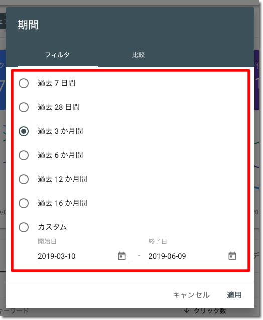 検索パフォーマンスでは期間を変更することができます
