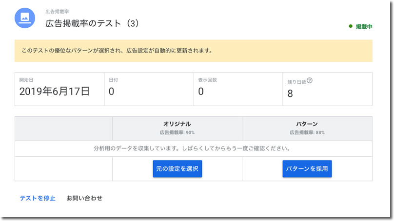 広告掲載率のテストが作成されます